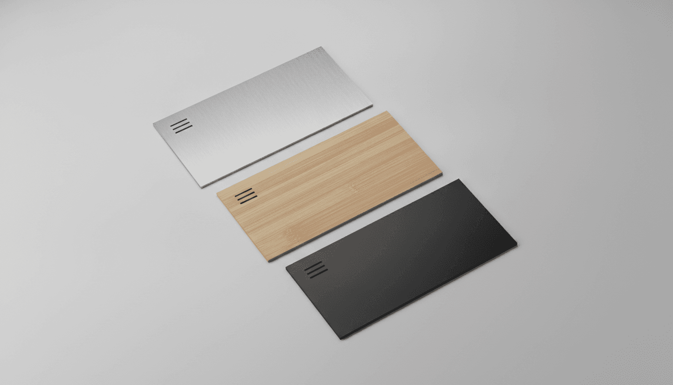 Brushed steel, bamboo and anodised black Hologram cards fanned in a row.